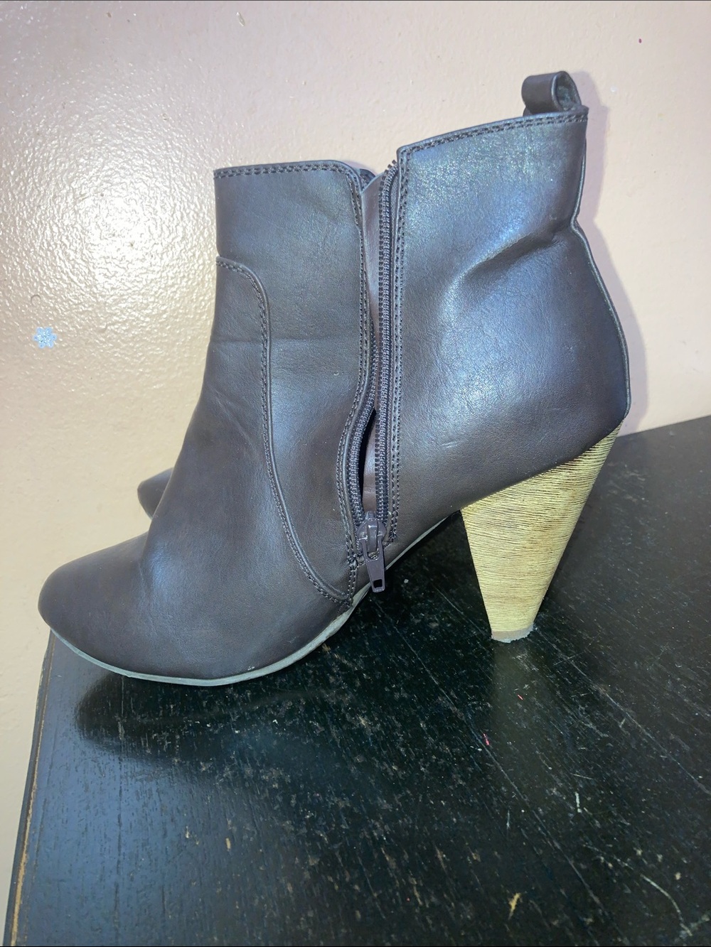 Wild Diva Brown Faux Leather Ankle Booties with Stacked Wood-Effect Heel